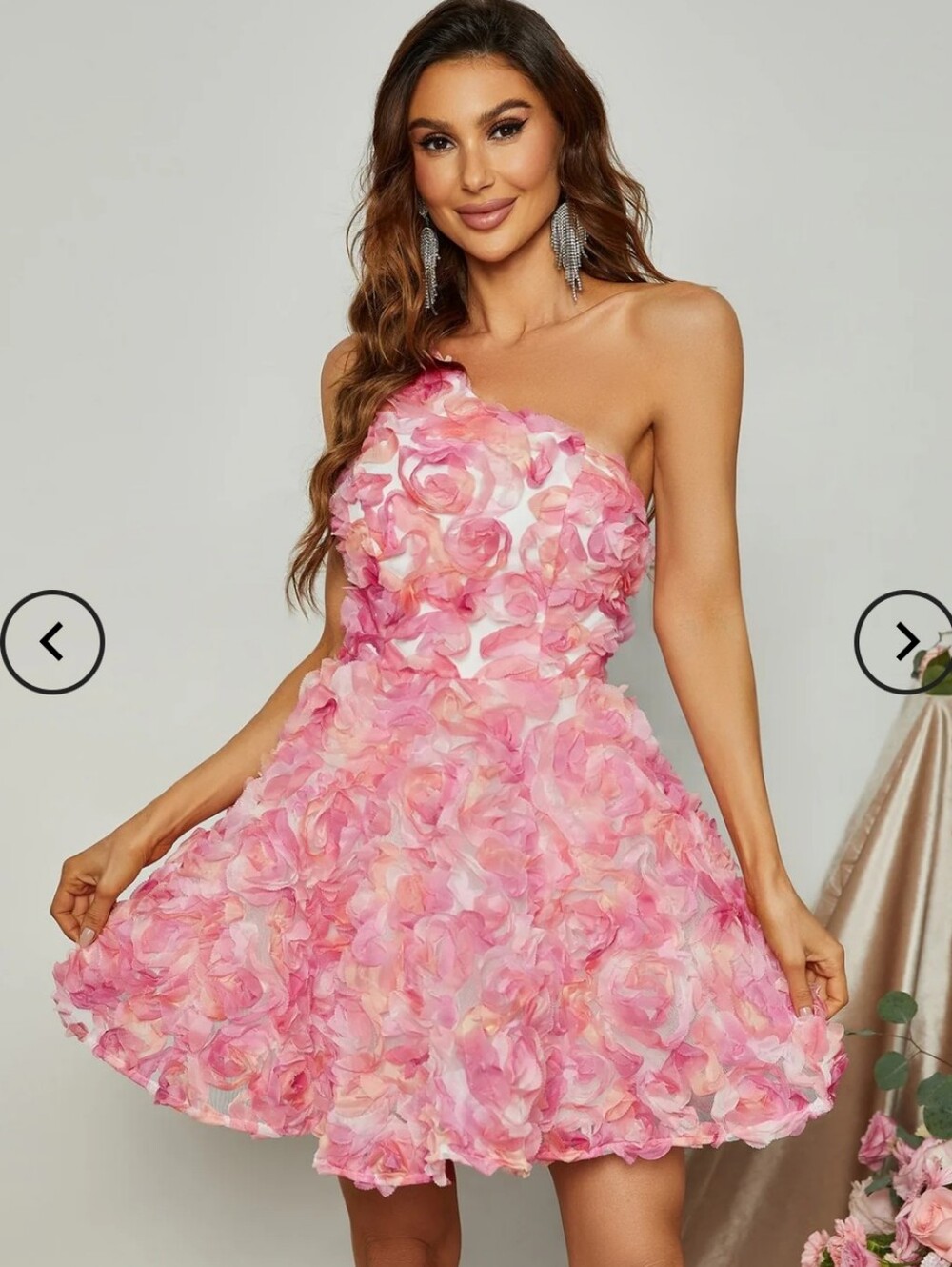FAERIESTY Whimsical One Shoulder 3D Pink Floral Mini Dress